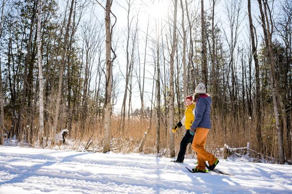 Husband and wife snowshoeing