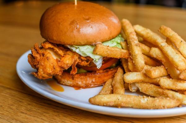 Fried chicken sandwich with fries