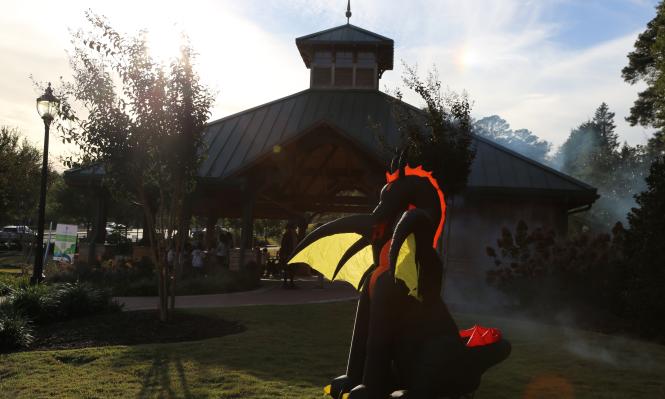 Inflatable dragon at Abernathy Greenway Playable Art Park for the Annual Spooky Springs event