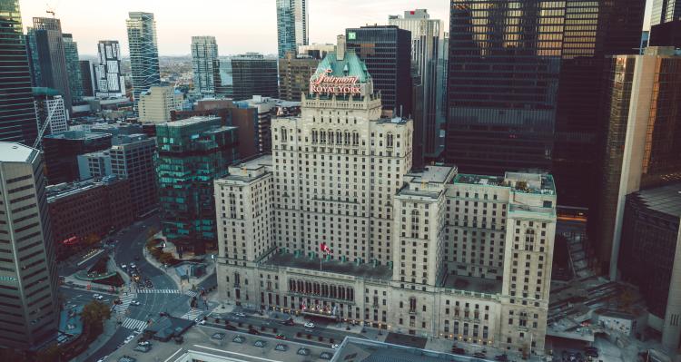 Aerial view of Toronto's historic Royal York Hotel, a luxury property on Front Street.