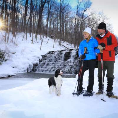 Cross country skiing with furry friend at Laurel Hill State Park, Somerset, PA