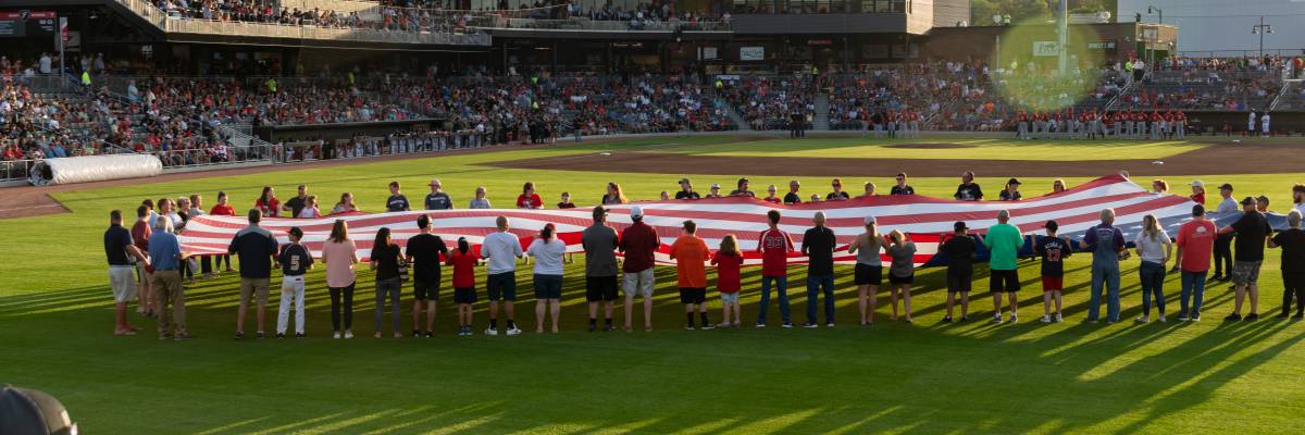 Woodpeckers Segra Flag in outfield at Segra Stadium, Fayetteville NC