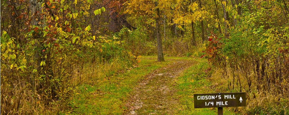 A wooded trail running through Wilson's Creek National Battlefield in Republic, Missouri