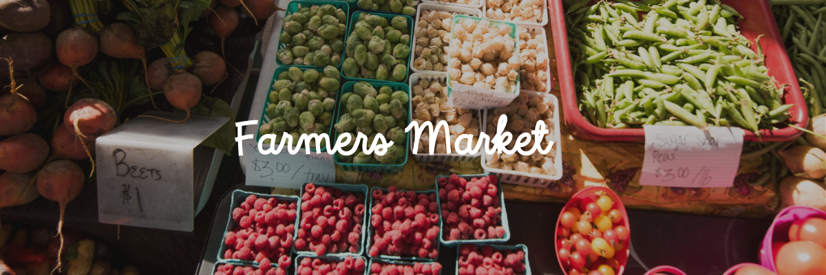 Various fruits and vegetables sold at the farmers market with the words "farmers market" on top of the image