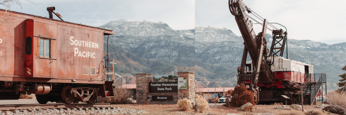 Two images stitched together to show a rusted red Southern Pacific caboose and a large red and white iron ore shovel on either side of a stone sign reading Frontier Homestead State Park Museum.