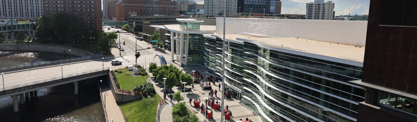 Birds Eye View of event gathering at Mayo Civic Center Riverfront Plaza
