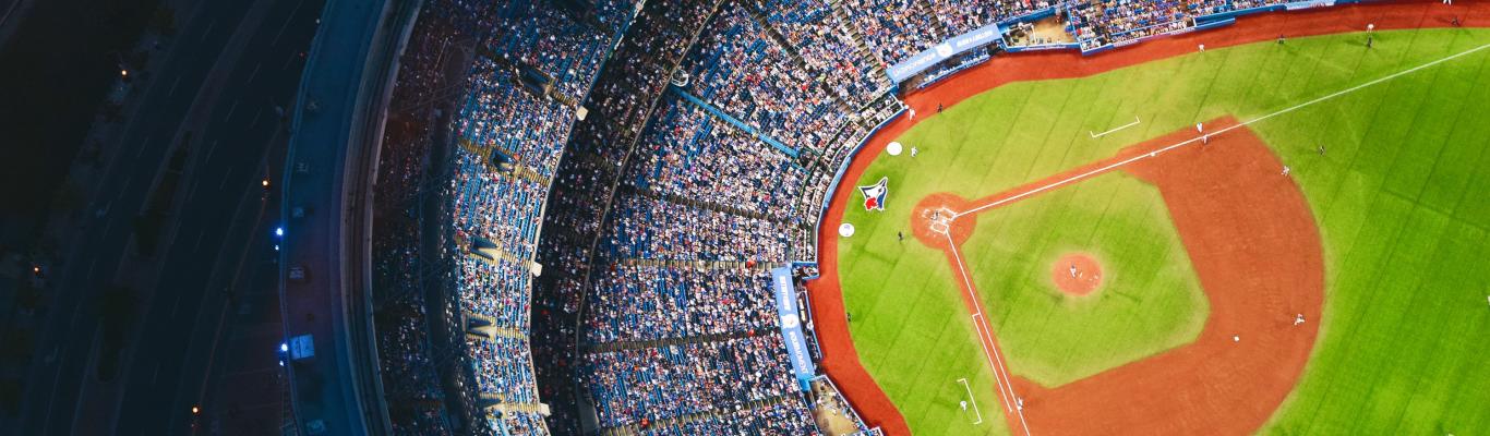 An aerial view of the Blue Jays baseball diamond at Rogers Centre with the dome roof open