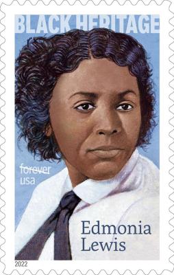 A U.S. Postal Service forever stamp with Edmonia Lewis, a black woman, on it with the text "Black Heritage" at the top.