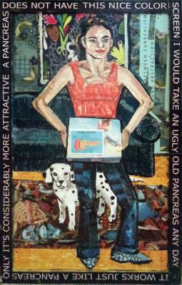 – “My.Pancreas.Comes.in.a.Box” is an 18 inch high by 11 inch wide collage on icon board by Kathryn DeMarco.  This work is a full length portrait of a woman and dog.  Perspective is minimal and colors are intense throughout.