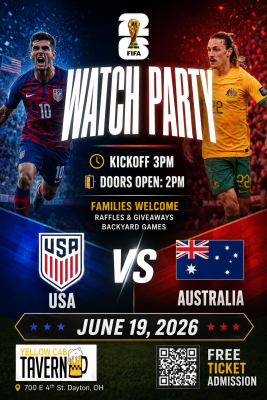 Come out to the World Cup Watch Party at Yellow Cab Tavern on Friday, June 19, as Team USA takes on Australia.
