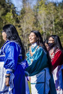 Women wearing traditional Choctaw clothing dance at the Bayou Lacombe Heritage Festival in Lacombe.