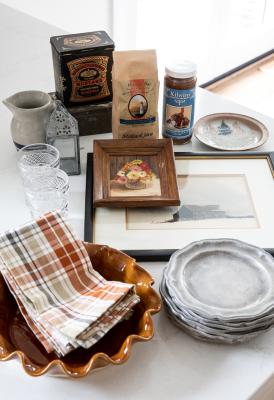 Pewter Dishes Plaid-Cloth towel and tea fixings