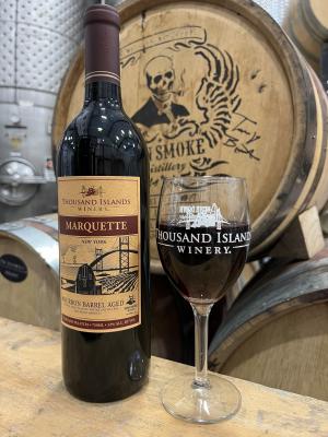 Marquette Wine Bottle Barrel and Glass