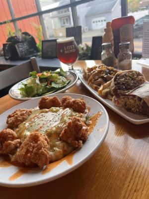 Picture of Lost Mined Brewing Co beer and spread of food