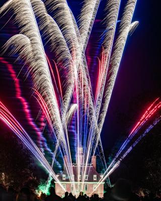 Fireworks illuminate the night sky above a historic building, surrounded by a crowd of spectators.