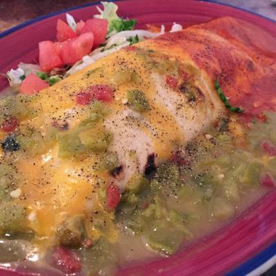 A burrito featuring red and green chile from Duran Central Pharmacy.