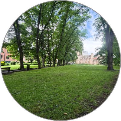 A circular photo of a grassy lawn area, with mature leafy trees running along each side and a church ruin at the far end in the distance.