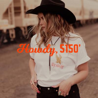 Local Fashionista in Western Wear, Chelsea Combe, Overlay text "Howdy, 5150'"