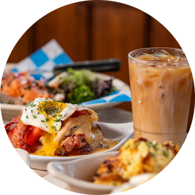 Breakfast platters and iced coffee