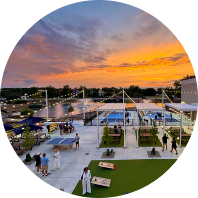 Exterior of Smash Park at sunset