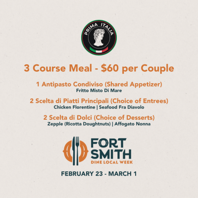 Prima Italia Dine Local Flyer that reads "3 Course Meal - $60 per couple" which is followed by "1 Shared Appetizer" and "2 Entrees options: Chicken Florentine or Seafood Fra Diavolo" and finally "2 Dessert options: Ricotta Doughnuts or Affagoto Nonna"