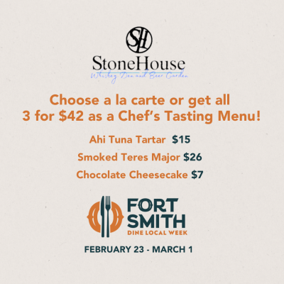 StoneHouse Dine Local Flyer that reads "Choose a la carte or get all 3 for $42 as a Chef's Tasting Menu!" as well as "Ahi Tuna Tartar $15" and "Smoked Teres Major $26" and finally "Chocolate Cheesecake $7"