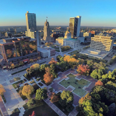 Sunrise skyline over Freimann Square