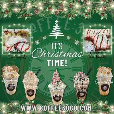 christmas drink lineup from Coffee:30 and Christmas Tree Beignets