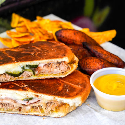 Guava Tree Cuban Sandwich with plantain chips