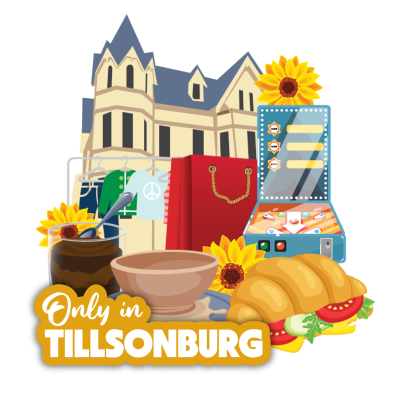 Illustration of Only in Tillsonburg route elements including Annandale House, croissant sandwich, pinball machine, pottery wheel, chocolate treat, flowers, clothing and shopping bag