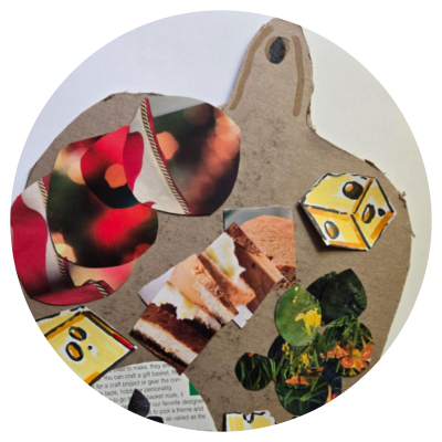 A art project collage with clippings to look like a cheese board