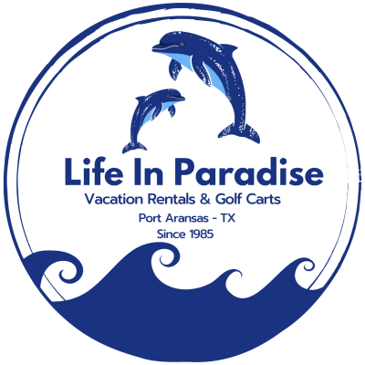 Blue and white logo for Life in Paradise Vacation Rentals & Golf Carts