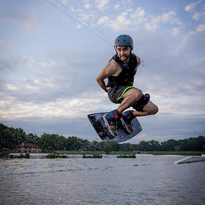 Joseph practices his 360 above Levings Lake.