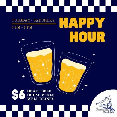 flyer promoting happy hour with beer graphics