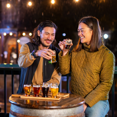 Couple drinking Outside Stone Church Brewing. in Old Town, Temecula