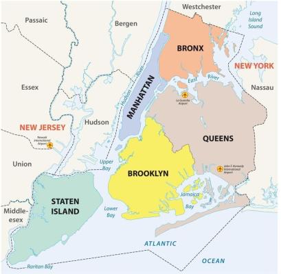 Color-coded map of New York City's five boroughs — Manhattan (gray), the Bronx (orange), Queens (tan), Brooklyn (yellow), and Staten Island (green) — surrounded by labeled neighboring regions including New Jersey, Westchester, Nassau, and the Atlantic Ocean, with major airports and waterways marked.