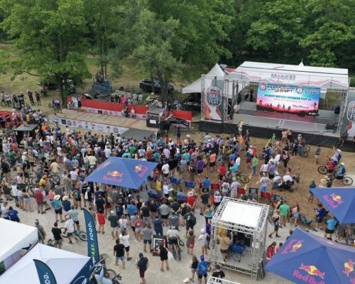 An aerial view of a crowd at a festival