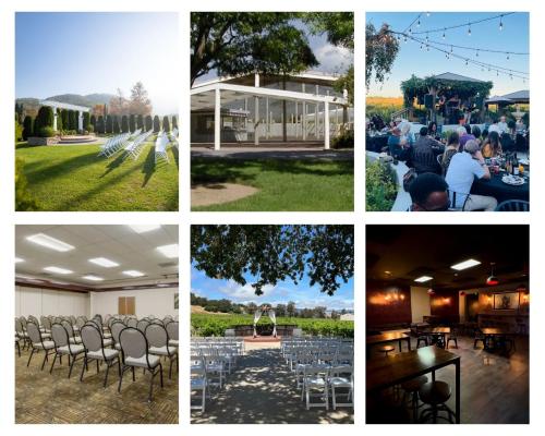 Top left to right: Wedgewood Eagle Ridge, Hecker Pass Outdoor Events Center, Besson Family Vineyards. Bottom left to right: Best Western Plus, Hecker Pass Winery La Vigna Event Center, Covale Rooftop Beer and Wine Bar.