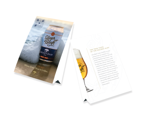 A tabletop display of Golden Isles IPA with a QR code to learn more