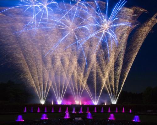 Fireworks above fountains in Longwood Gardens