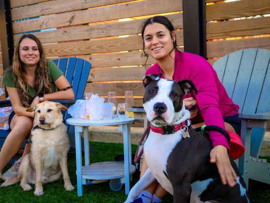 Two women relax outdoors with their dogs at a pet-friendly restaurant in Fayetteville, NC, sitting in Adirondack chairs with drinks on the table.