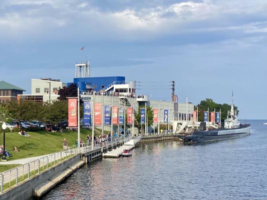 Wisconsin Maritime Museum seen from 8th St Bridge in Manitowoc