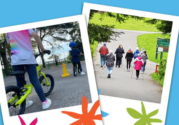 A child on a bike and older people walking in a park