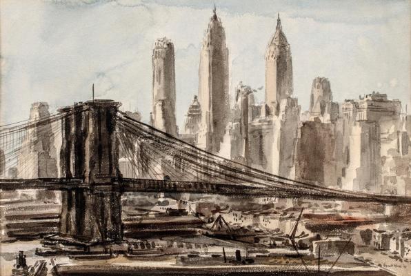 Watercolor painting depicting the Brooklyn Bridge's stone tower and suspension cables in the foreground, with the Manhattan skyline's mid-century skyscrapers rendered in loose, impressionistic strokes behind it.
