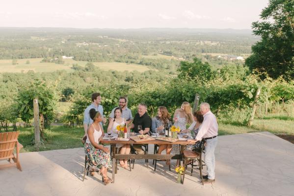 Group of 9 people at a table, tasting wine at Bluemont Vineyards, with the vines and countryside in the background