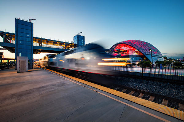 Train Taking Off From ARTIC Anaheim, CA