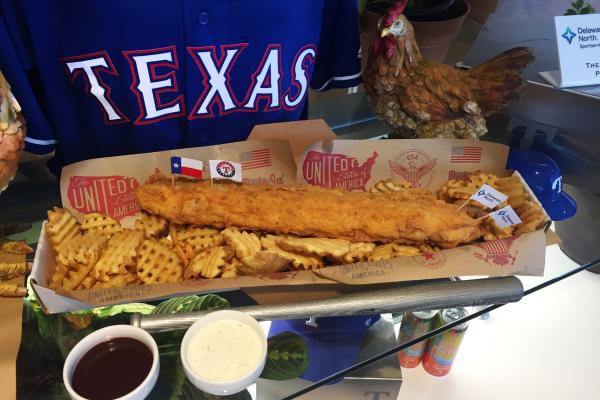 Texas Rangers Food - The Fowl Pole is a 2 pound chicken tender hand battered and fried crispy