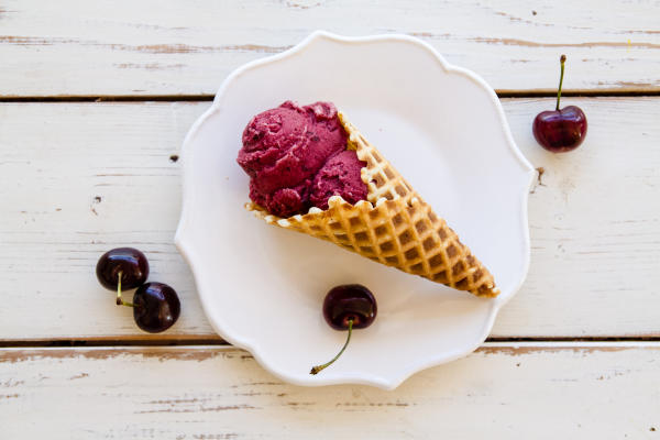 Cherry Gelato in a waffle cone from Dolce Neve