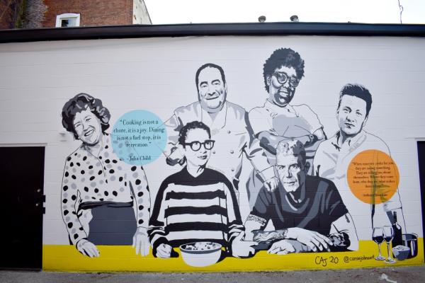 New mural on MESA, A Collaborative kitchen honoring great chefs by Carrie Johns Art.