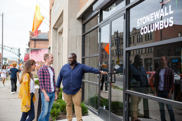 A group entering the Stonewall Columbus community building in Columbus.